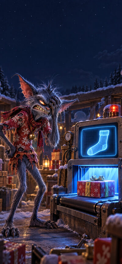 Zotteliger Kobold hält sich die Stirn neben einem selbstgebauten Röntgenscanner, auf dessen Bildschirm eine leuchtende Socke zu sehen ist