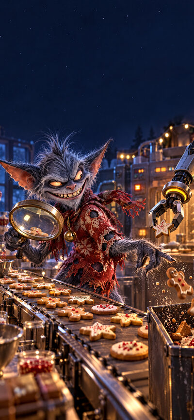 Zotteliger Kobold prüft mit einer Lupe Plätzchen auf einem Fließband, ein Roboterarm sortiert, andere Plätzchen fliegen in den Mülleimer