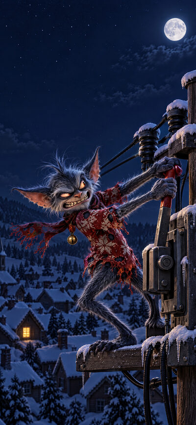 Zotteliger Kobold hängt an einem riesigen Hebel an einem Strommast über einem dunklen verschneiten Dorf, nur ein Fenster leuchtet noch