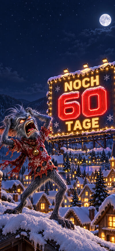 Zotteliger Kobold rauft sich schreiend das Fell vor einer großen Leuchttafel über einem verschneiten Dorf mit der Aufschrift NOCH 60 TAGE
