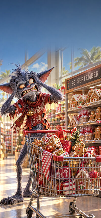 Zotteliger Kobold hält sich verzweifelt den Kopf neben einem Einkaufswagen voller Weihnachtssachen in einem Supermarkt mit Lebkuchen und einem Schild 26. SEPTEMBER