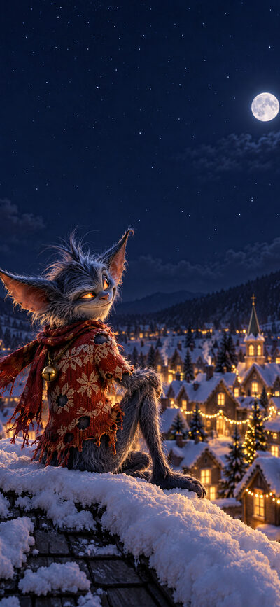 Zotteliger Kobold sitzt lächelnd und still auf einem verschneiten Dach und schaut auf ein Dorf mit leuchtenden Lichterketten unter Mond und Sternen