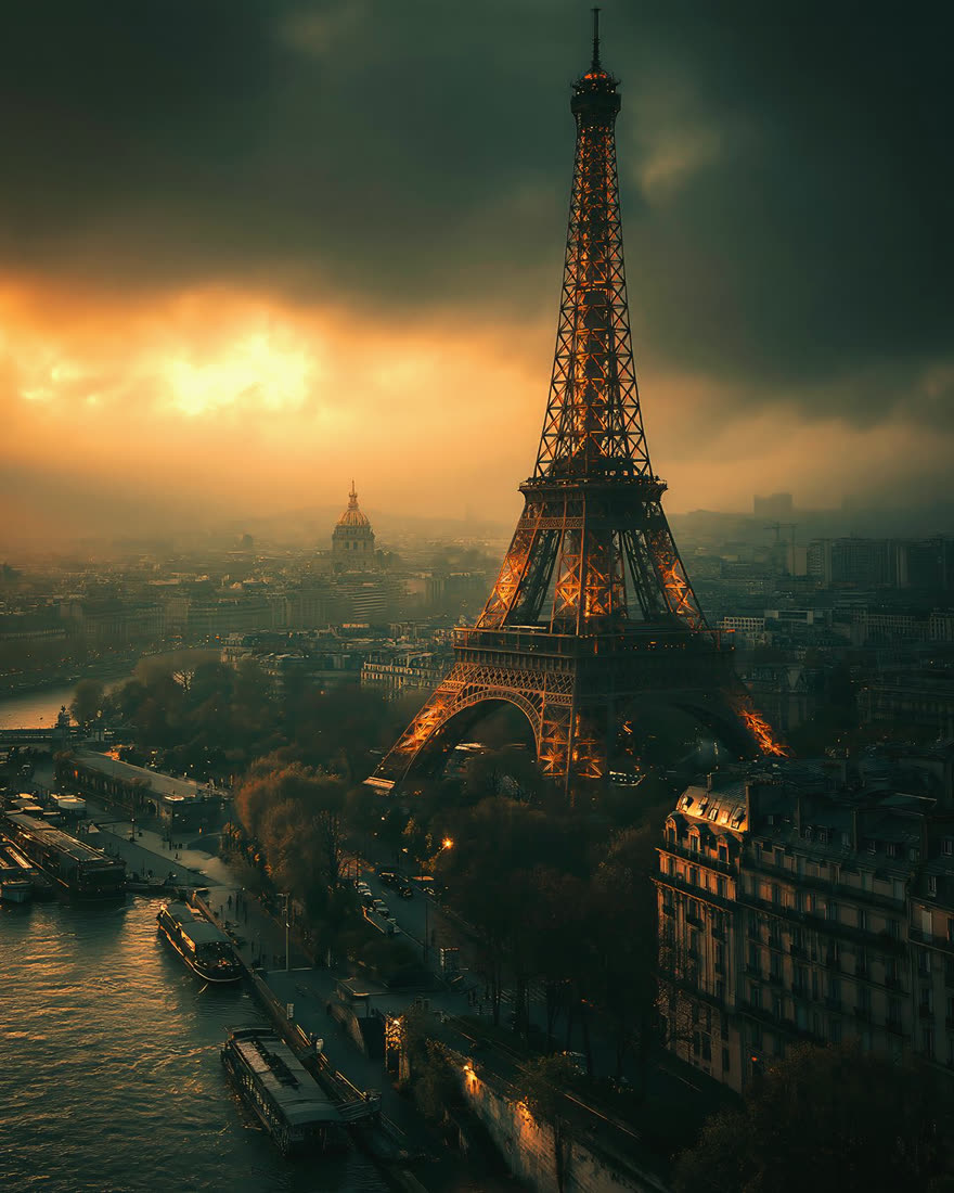 Eiffelturm über Paris im Abendlicht im Look Goldene Stunde