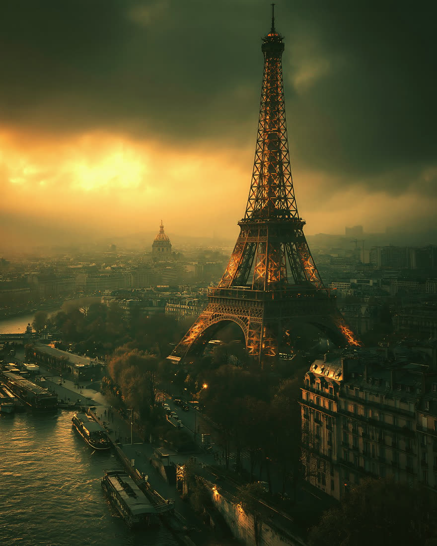 Eiffelturm über Paris im Abendlicht im Look Wüstenhitze