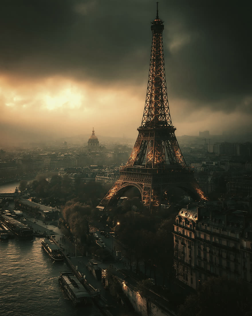 Eiffelturm über Paris im Abendlicht im Look Spaghetti-Western