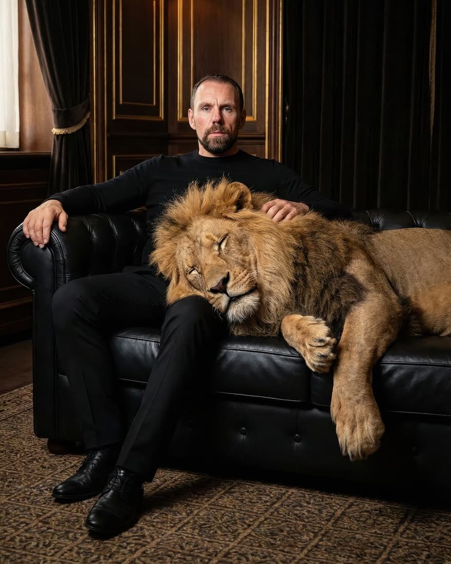 Original: Mann mit Löwe auf einem Ledersofa