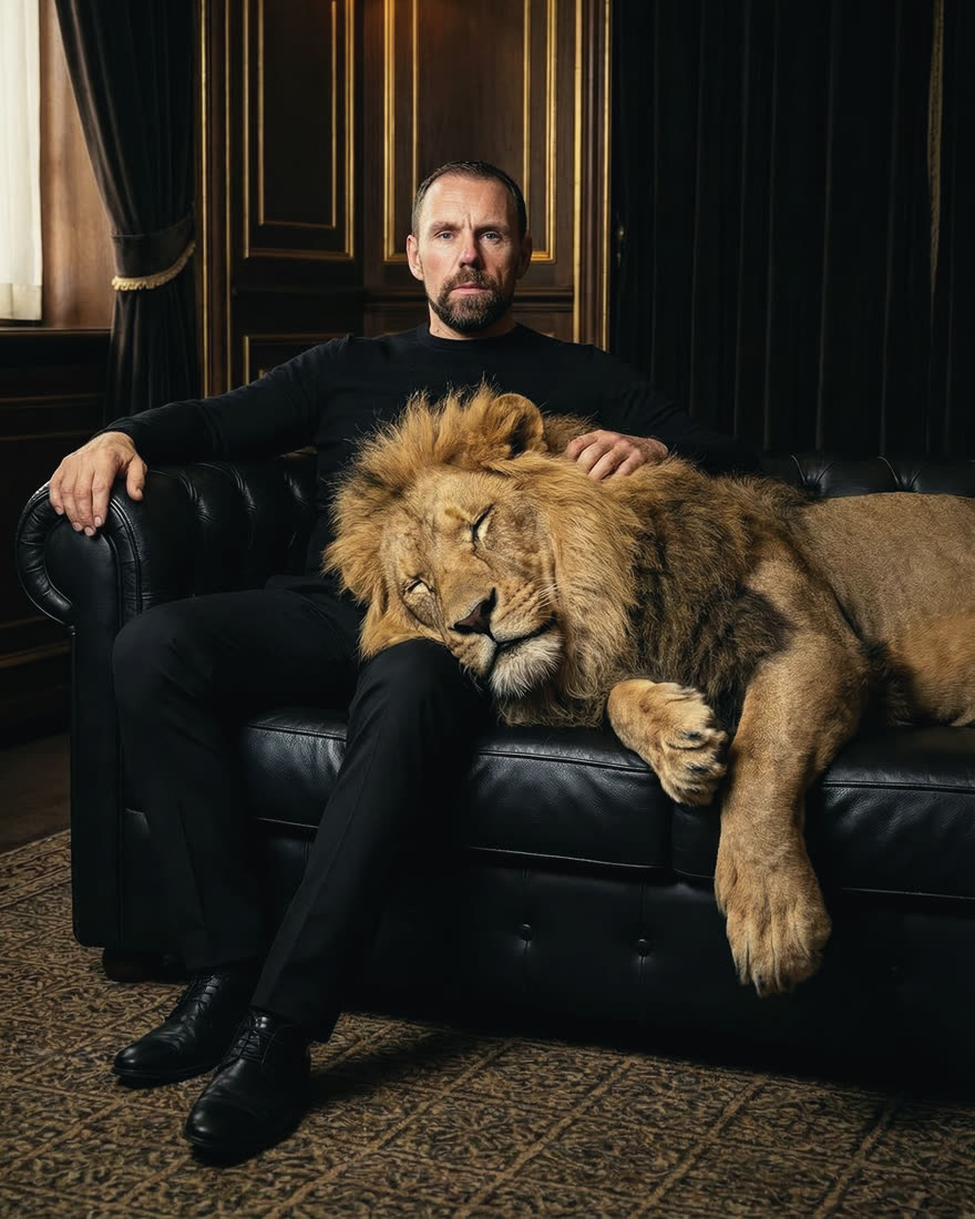 Mann mit Löwe auf einem Ledersofa im Look Kodak-Kinofilm