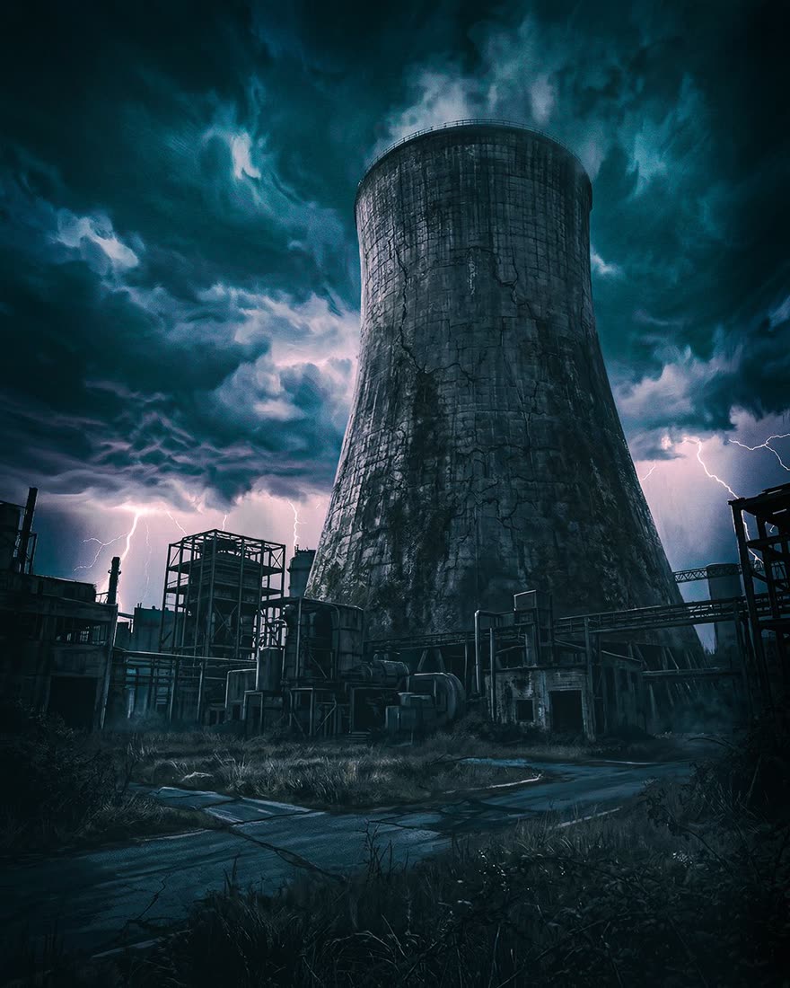 Original: Kühlturm unter Gewitterhimmel