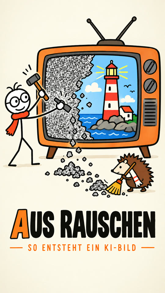 Strichmännchen klopft als Bildhauer das Rauschen eines alten Fernsehers weg, darunter erscheint ein Leuchtturm, der Igel fegt die Krümel zusammen. Titel: Aus Rauschen