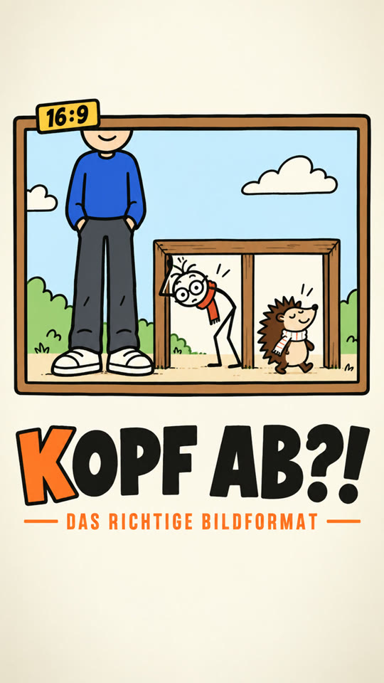 Strichmännchen quetscht sich gebückt durch eine viel zu niedrige Tür, daneben ein Querformat-Bild mit einer Figur ohne Kopf, der Igel spaziert locker durch. Titel: Kopf ab?!