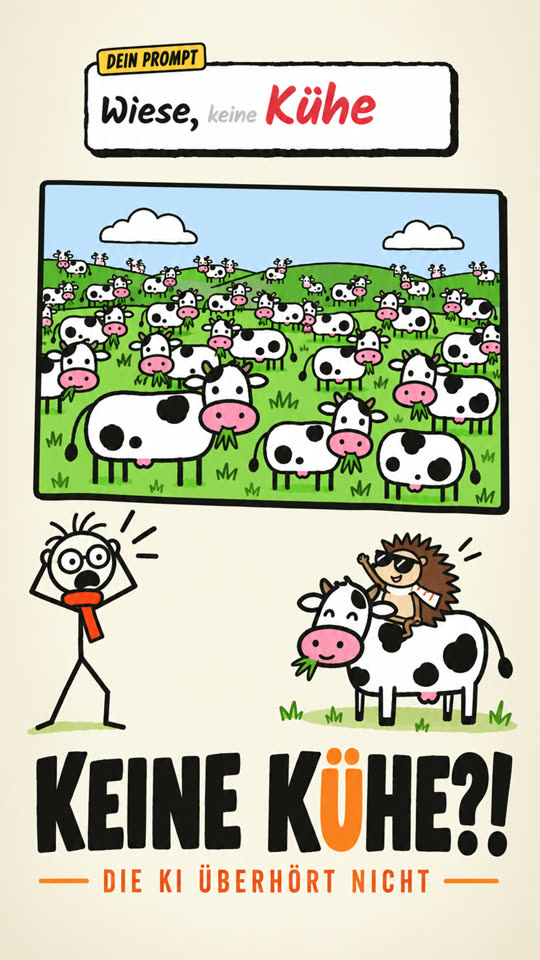 Strichmännchen fasst sich an den Kopf vor einem Wiesenbild voller Kühe, im Prompt steht „Wiese, keine Kühe“, ein Igel reitet auf einer Kuh. Titel: Keine Kühe?!