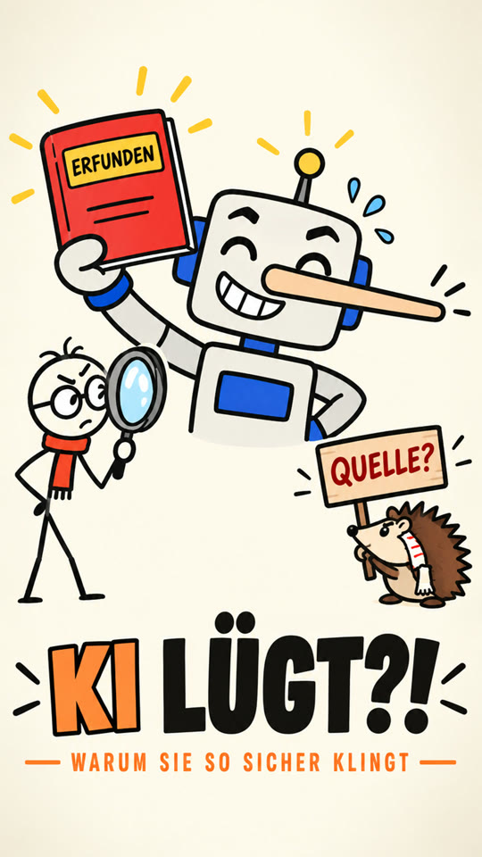 Grinsender Roboter mit langer Lügennase hält ein Buch mit der Aufschrift „Erfunden“ hoch, das Strichmännchen prüft es mit der Lupe, ein Igel hält ein Schild „Quelle?“. Titel: KI lügt?!