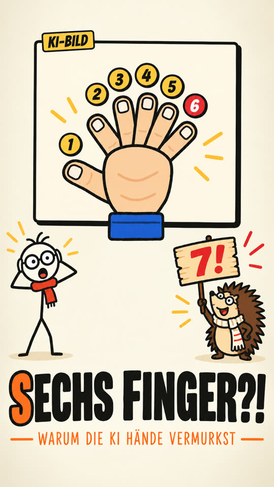 Strichmännchen fasst sich an den Kopf vor einem KI-Bild einer Hand mit sechs nummerierten Fingern, ein Igel hält ein Schild mit „7!“ hoch. Titel: Sechs Finger?!