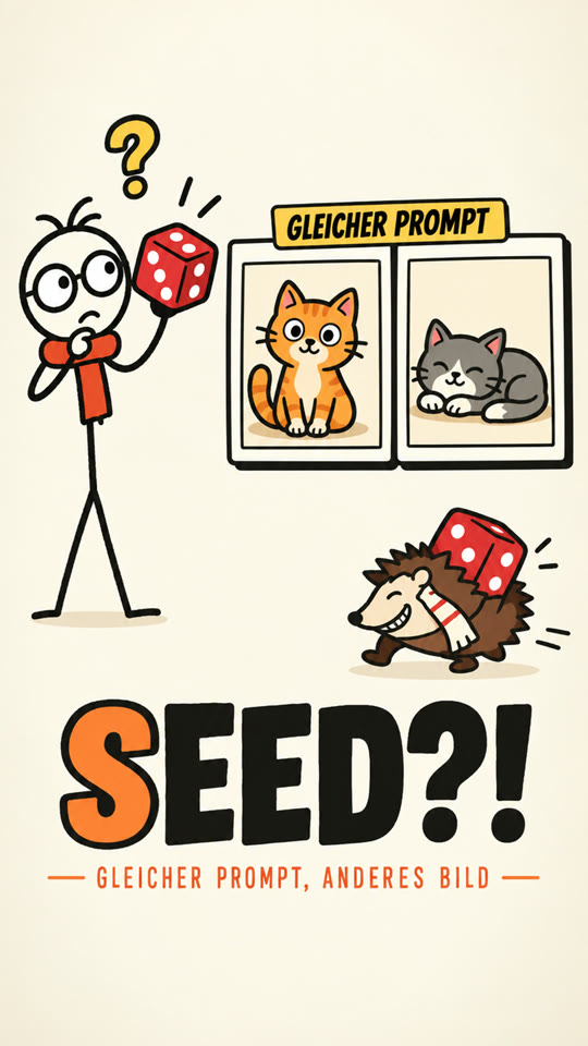 Strichmännchen hält einen roten Würfel neben zwei verschiedenen Katzenbildern mit dem Schild „Gleicher Prompt“, der Igel schleicht mit einem Würfel davon. Titel: Seed?!