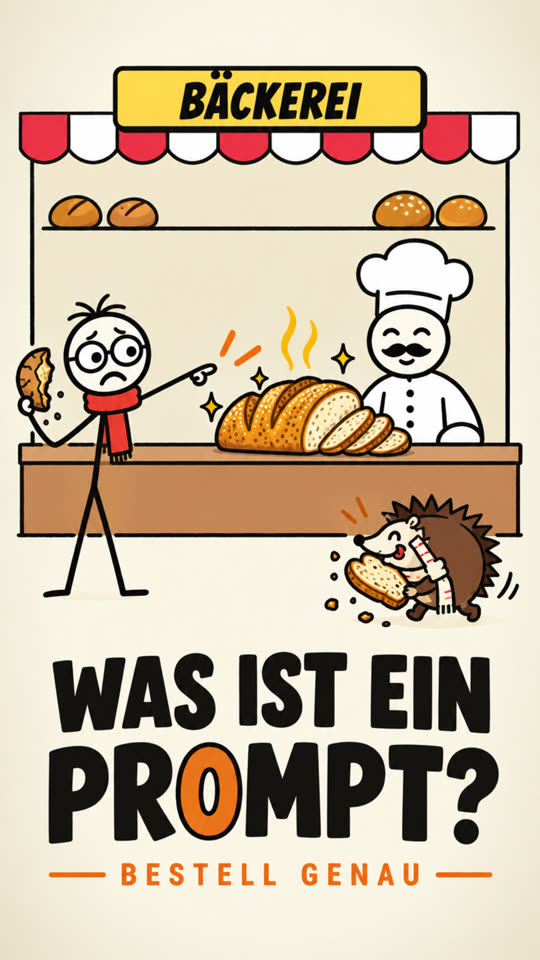 Strichmännchen mit trockenem Brotkanten zeigt in der Bäckerei auf ein frisches Brot, ein Igel stibitzt eine Scheibe. Titel: Was ist ein Prompt?
