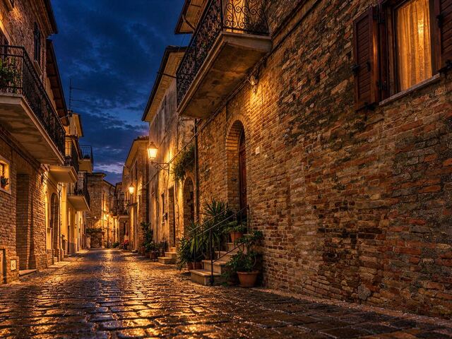 Eine echte Gasse, per KI vom Tag in die blaue Stunde verlegt.