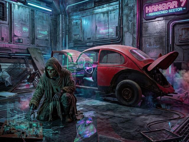Eine Werkstatt im Neonlicht, aus meiner Galerie Cyberpunk.