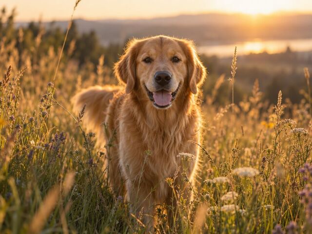 Ein Hund im warmen Licht der goldenen Stunde.